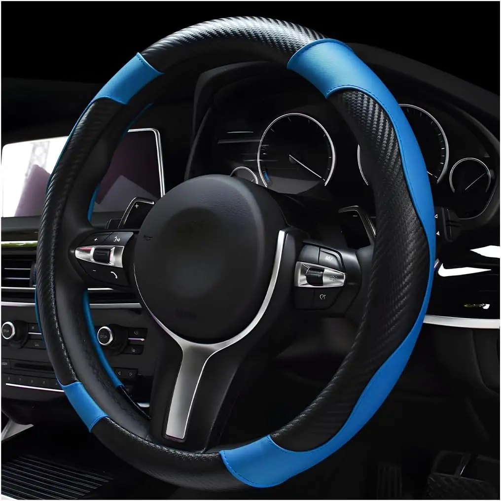 DXNQ 15-Inch Carbon Fiber Leather Stitching Steering Wheel Cover, Anti-Slip Grip Elastic Breathable Stylish Decor Protector for Most Cars (Black&Blue)