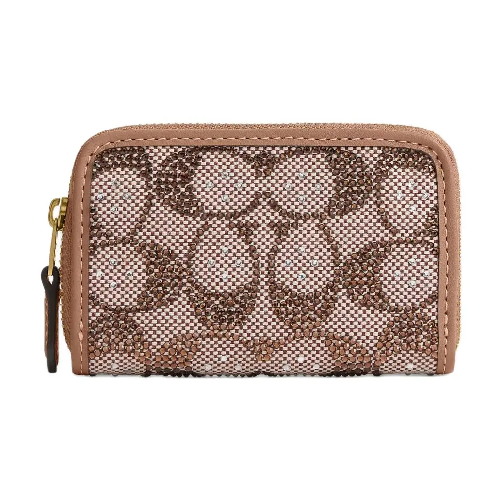 COACH Essential 11 Crystal-Embellished Zip Closure Leather Cardholder for Women, Small Size, Mushroom Brown