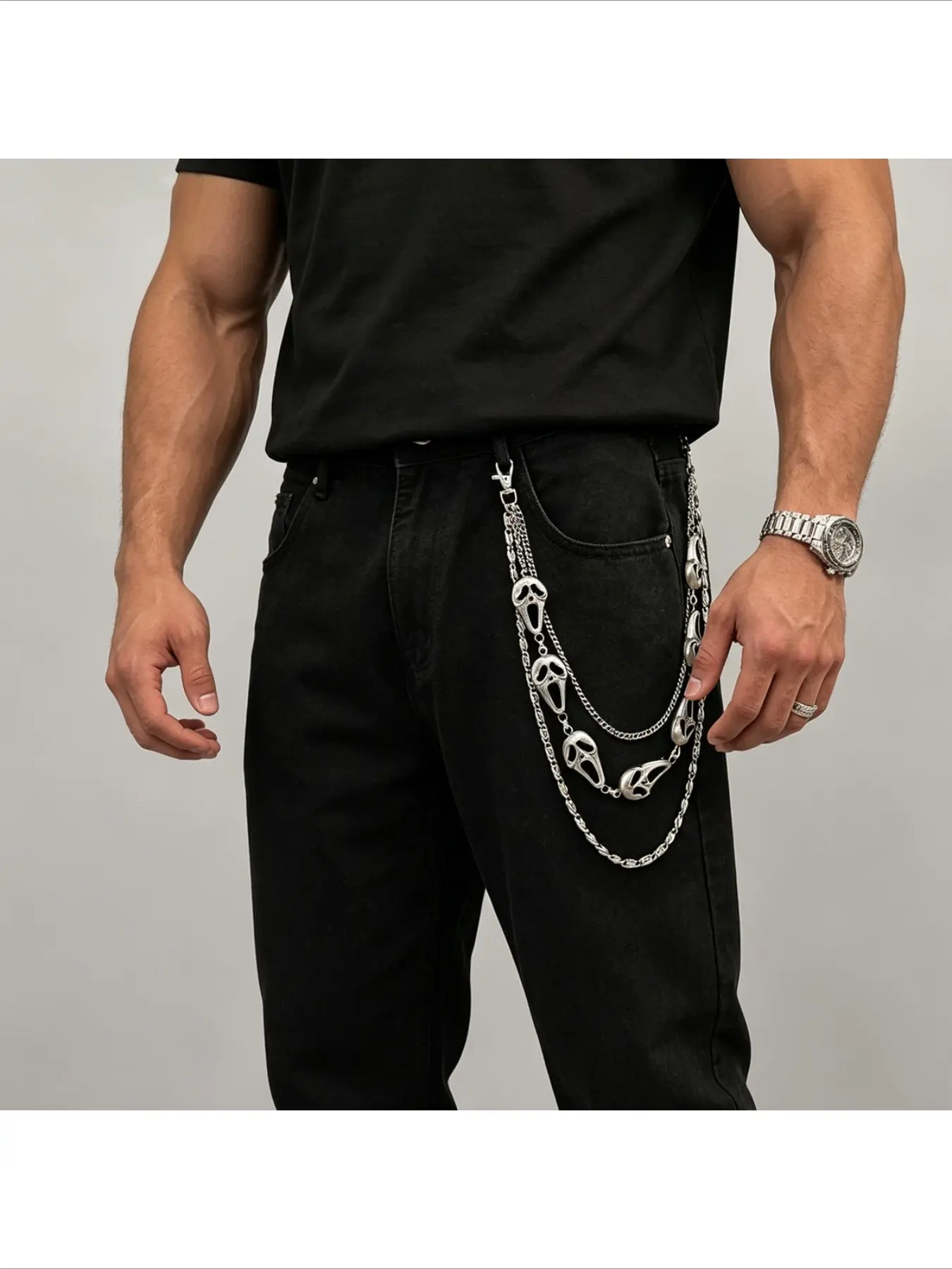 Grunge Silver Scream Ghost Face Pants Chain for Men Women, Multi Layer Ghost Mask Wallet Chain for Jeans, Punk Gothic Harajuku Streetwear Body Jewelry, Waist Chain Accessory