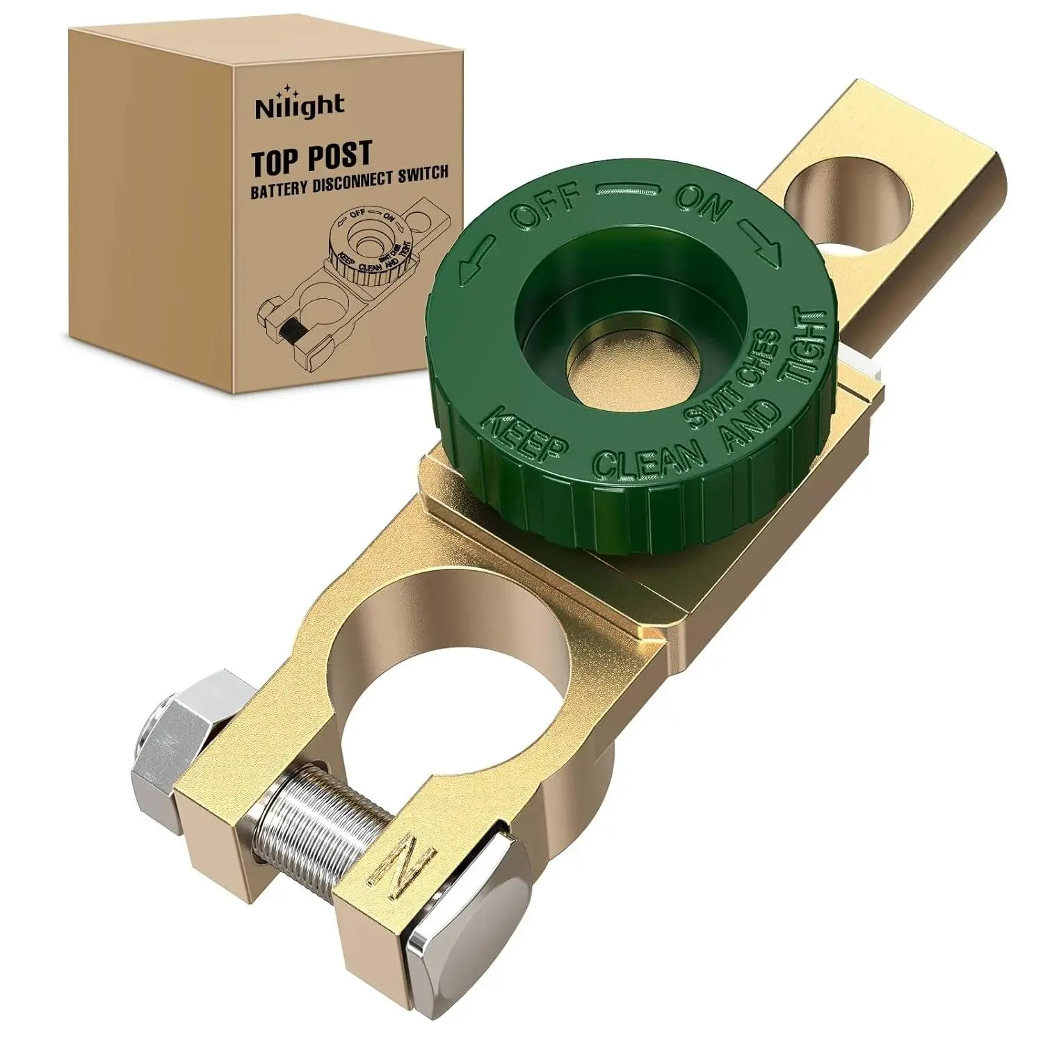 Nilight Heavy Duty Top Post Battery Switch - 12V DC 125A Rust-Proof Brass Power Master Cut Off Isolator with Green Knob, Easy Install Quick Disconnect, Switch-Included for Car, Motorcycle (DC 12V System Compatible)