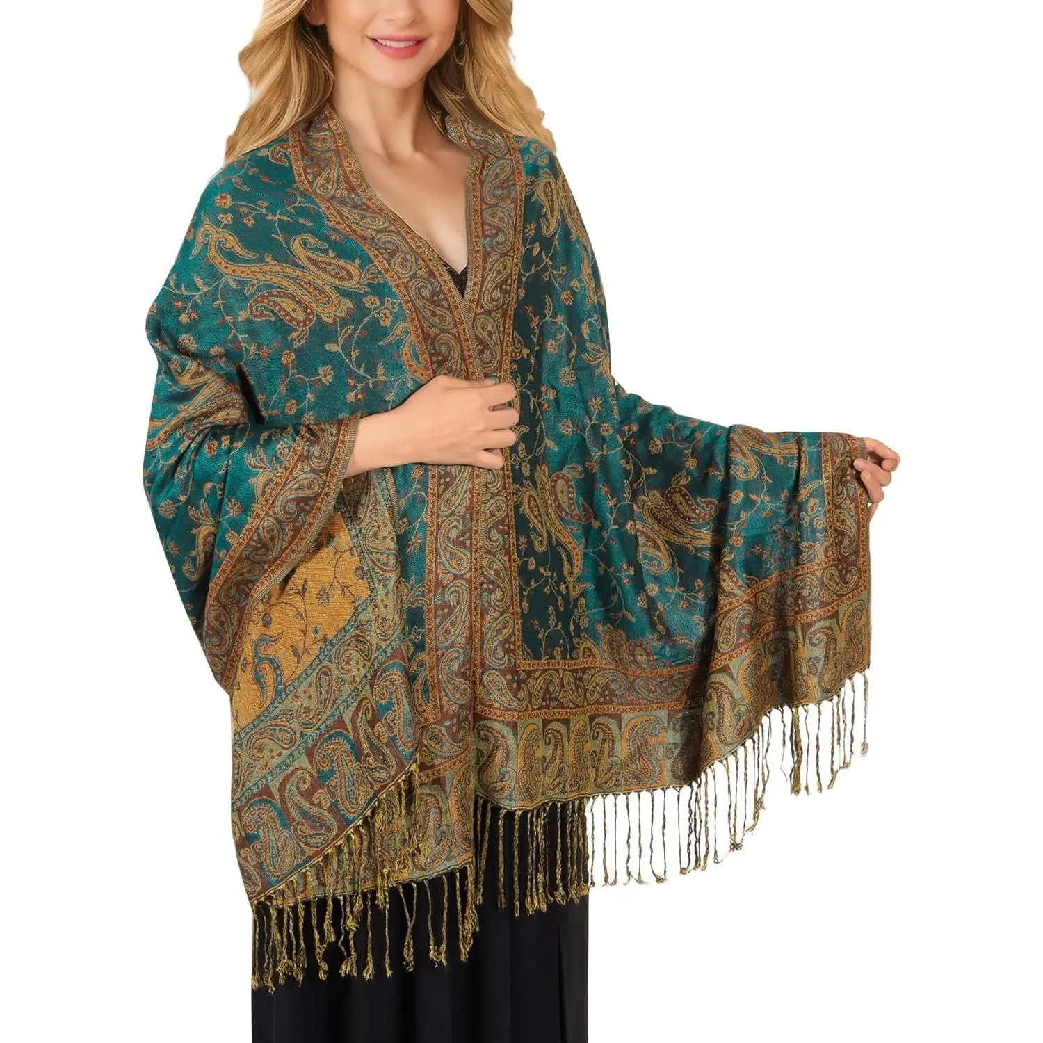 Women's Reversible Paisley Print Pashmina Shawl, Soft Lightweight Acrylic Fabric Wrap, Large Breathable Accessory for All-Year Use