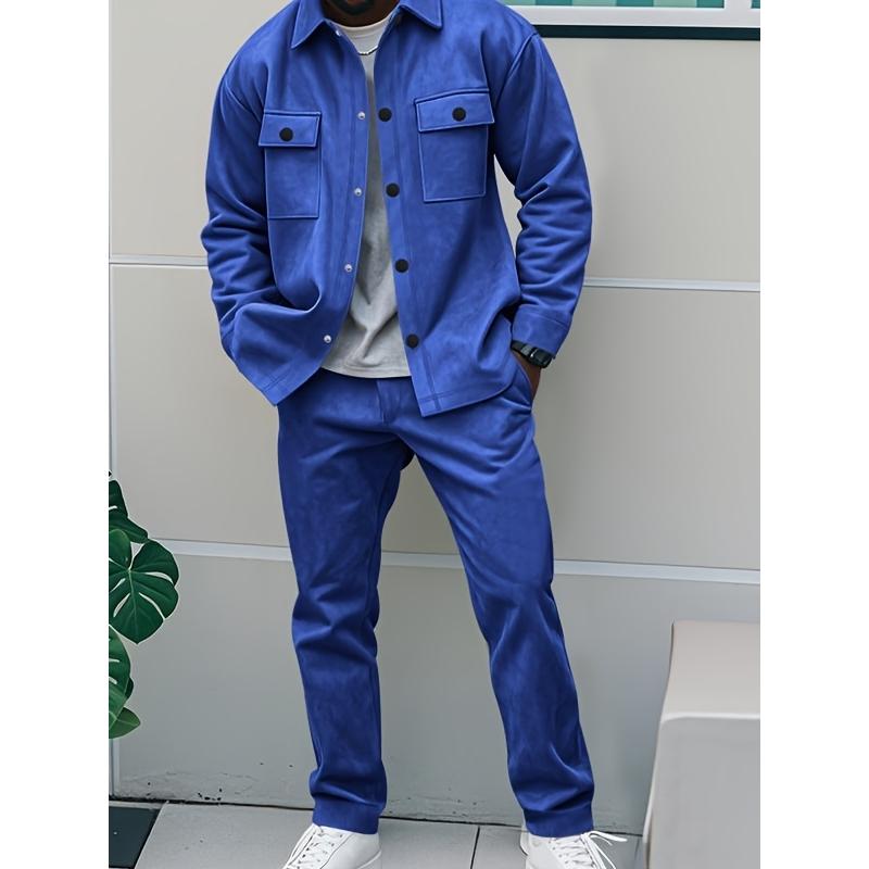 2pcs Men'S Casual Solid Color Sweatsuit Set, Polyester Knit Fabric with Slight Stretch, Regular Fit, with Lapel Collar, Button Details, for Spring/Fall - Fashionable American Style Workwear Jacket and Pants Combo
