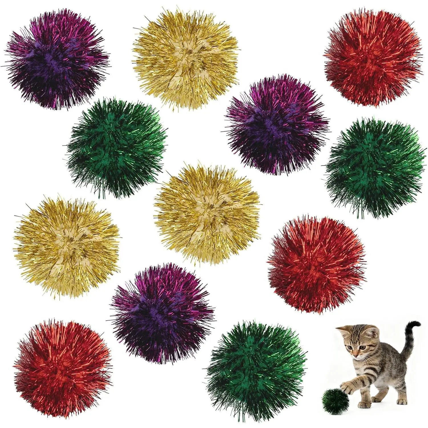 , 12 Pack 2 Inch Sparkle Ball Shiny Glitter Tinsel Pom Poms Interactive  Balls for Kittens (4 Colors, 12 Inch-12 Pack)