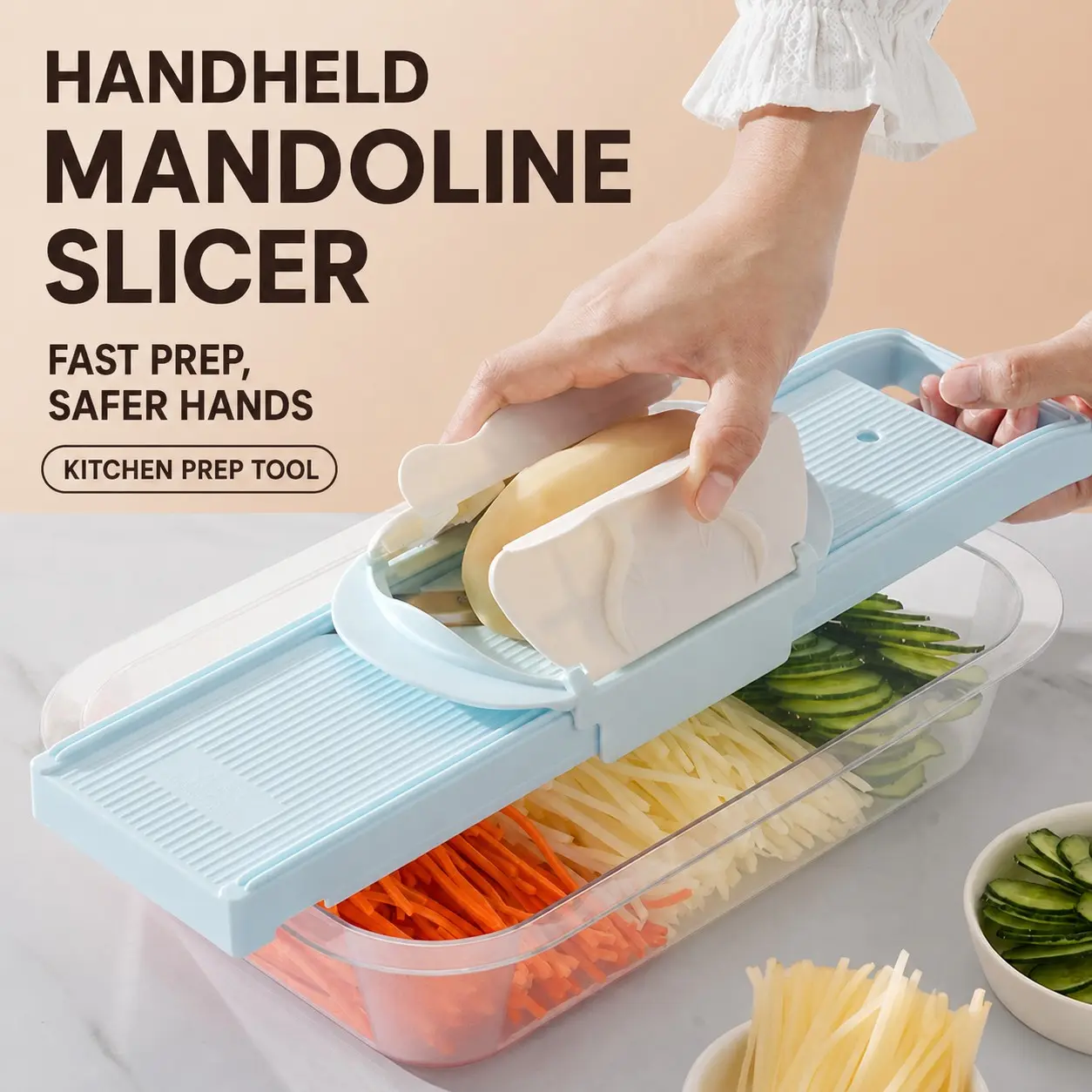 Multi-Functional Potato Slicer, Dual Handle Safety Design, Interchangeable Blade, Hand Grip & Bowl Slot, Lightweight & Easy Clean