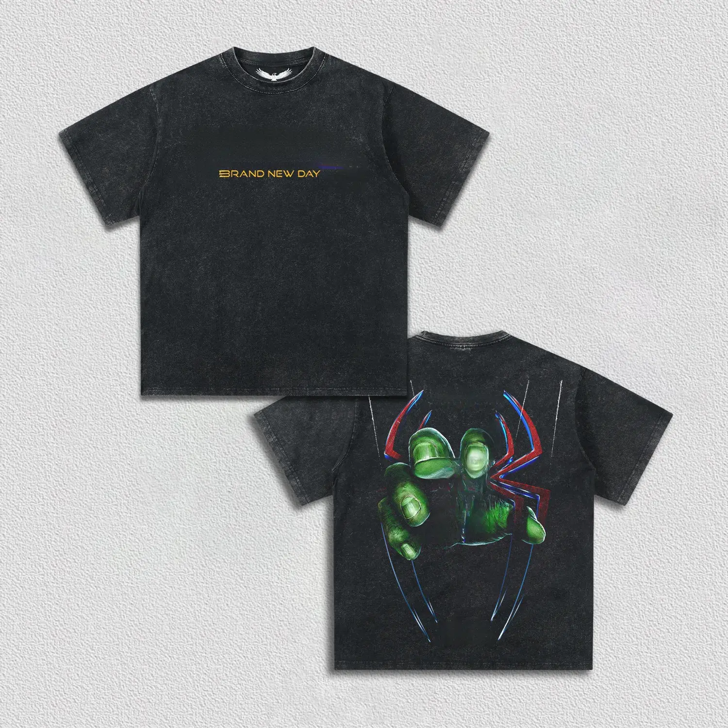 Retro Superhero Movie Graphic Tee Acid Wash Black Crewneck Double Sided Printed Hero Title Text And Giant Web Hand Symbol Vintage Washed Dark Grunge Aesthetic Design Oversized Relaxed Fit Trendy Urban Unisex Daily Streetwear Tshirt
