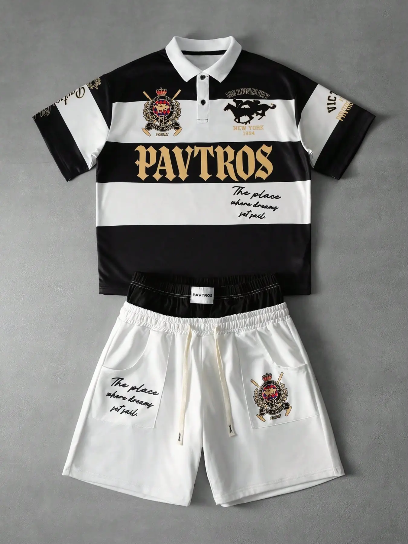 Men's American College Style Badge Embroidered T-Shirt and Shorts Set, Lapel Half-Pants T-Shirt, Knitted Sports Set, Casual Outdoor Wear Outfit
