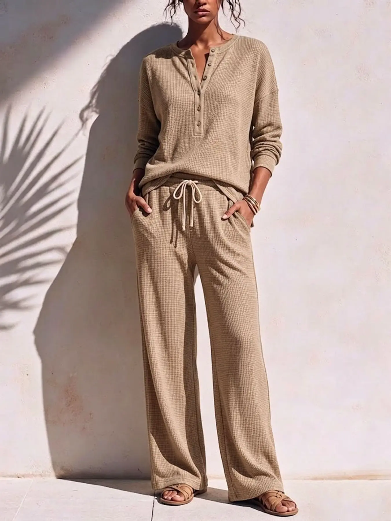 Women's 2-Piece Fall Winter Casual Pajama Set, Lazy Style Solid Color Waffle Long Sleeve Top and Wide Leg Pants, Cozy Sleepwear