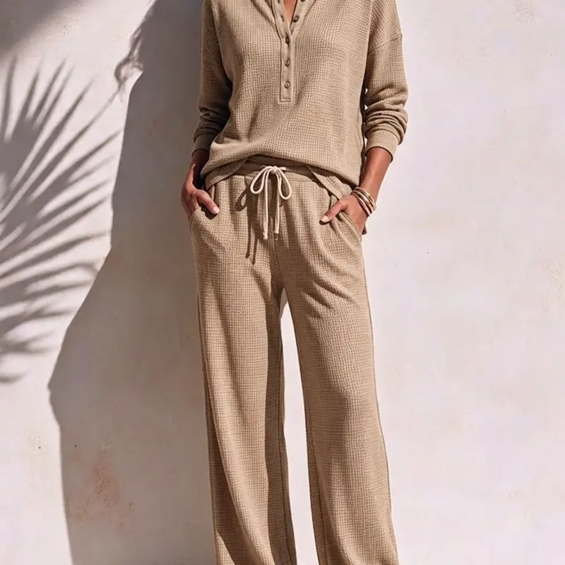 Women's 2-Piece Fall & Winter Casual Pajama Set, Lazy Style Solid Color Waffle Long Sleeve Top and Wide Leg Pants, Cozy Sleepwear Loungewear