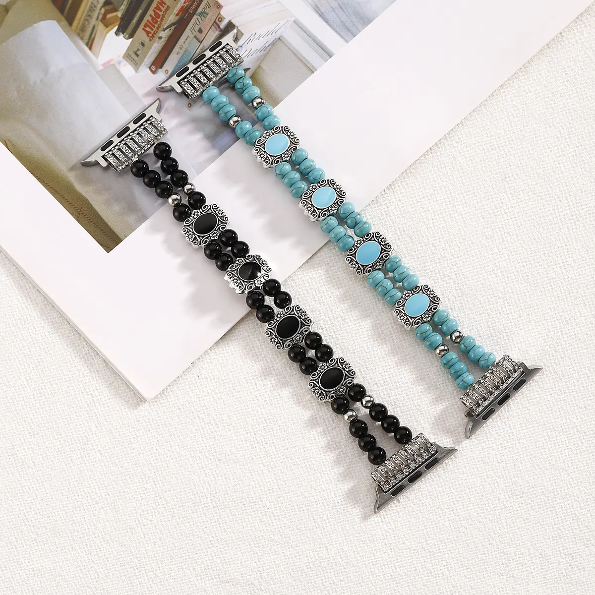 Boho Turquoise Beaded Watch Band - Vintage Rhinestone Carved Beads Wearable Accessory, Compatible with 38/40/41/42/44/45/49mm SE Ultra All Series Smart Watch Accessories