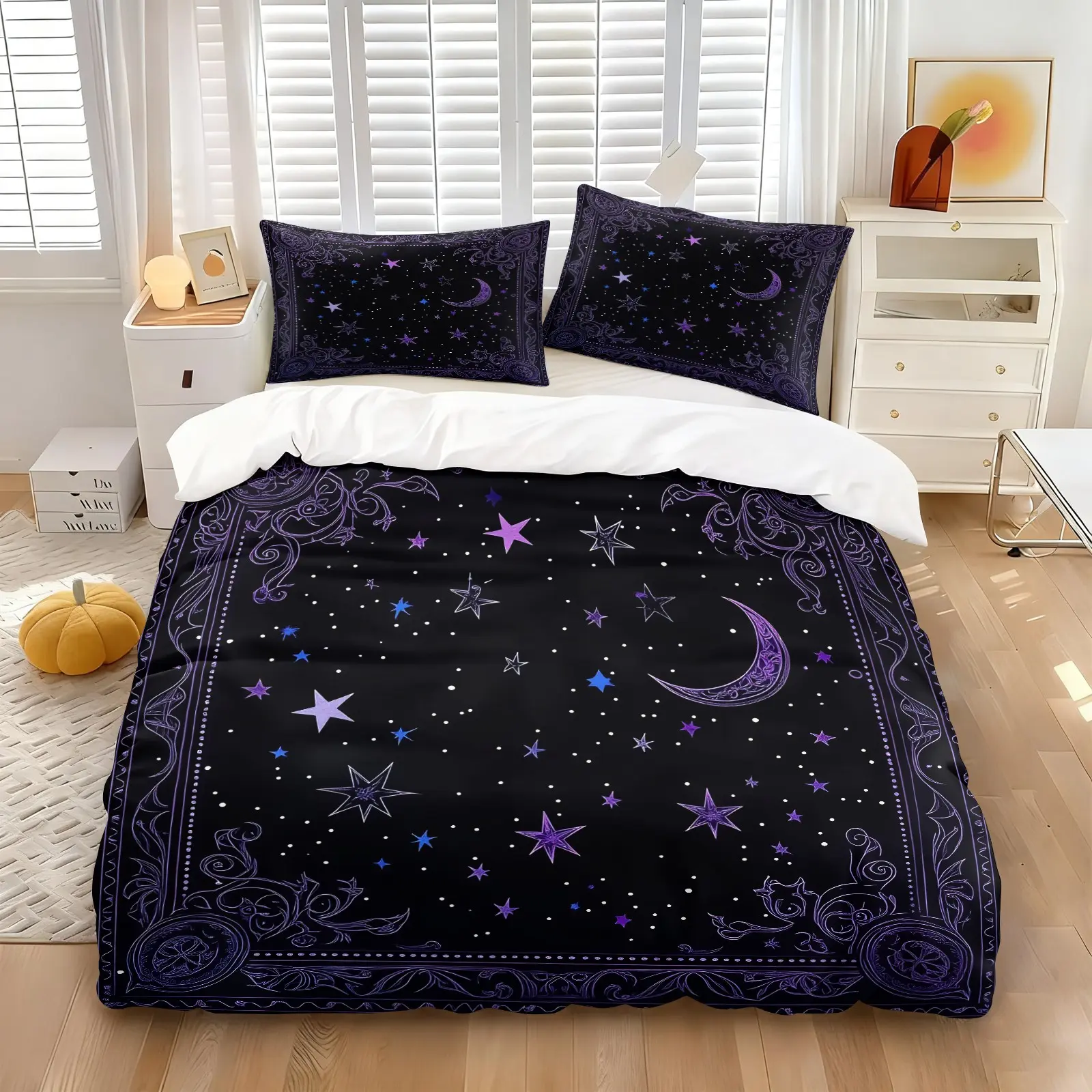 Star & Moon Vintage Frame Decorative Duvet Cover Set 3 Pieces No Filler, 1 Duvet Cover + 1-2 Coreless Pillowcases, Black Base Purple Galaxy Celestial Print, Printed Bedding Set Breathable Soft Comfy Mystic Witch Style Bedding