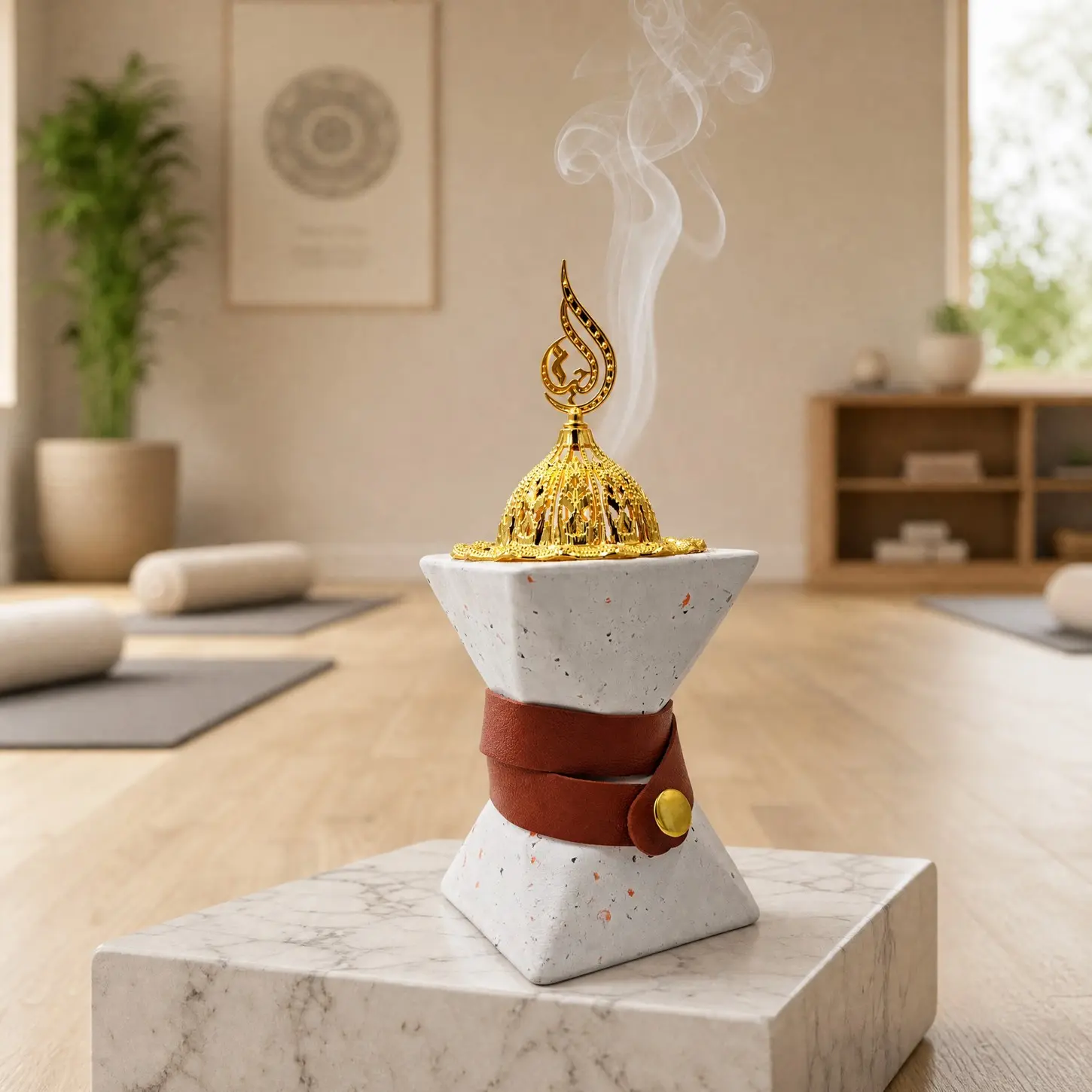 Modern Arabic Style Ceramic Incense Burner with Leather Strap, Hollow Lid, Includes Incense Holder, Simple Spotted Design, Bakhoorburner