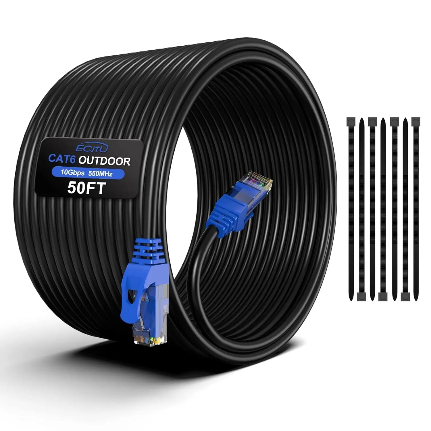 50FT Cat6 Outdoor Ethernet Cable, In-Ground, Heavy Duty Direct Burial, 24AWG CCA Patch Cord, POE, UTP, Waterproof, LLDPE UV Resistant, Network, Internet, LAN, Cat 6 Cable 50 Feet with 25 Cable Ties