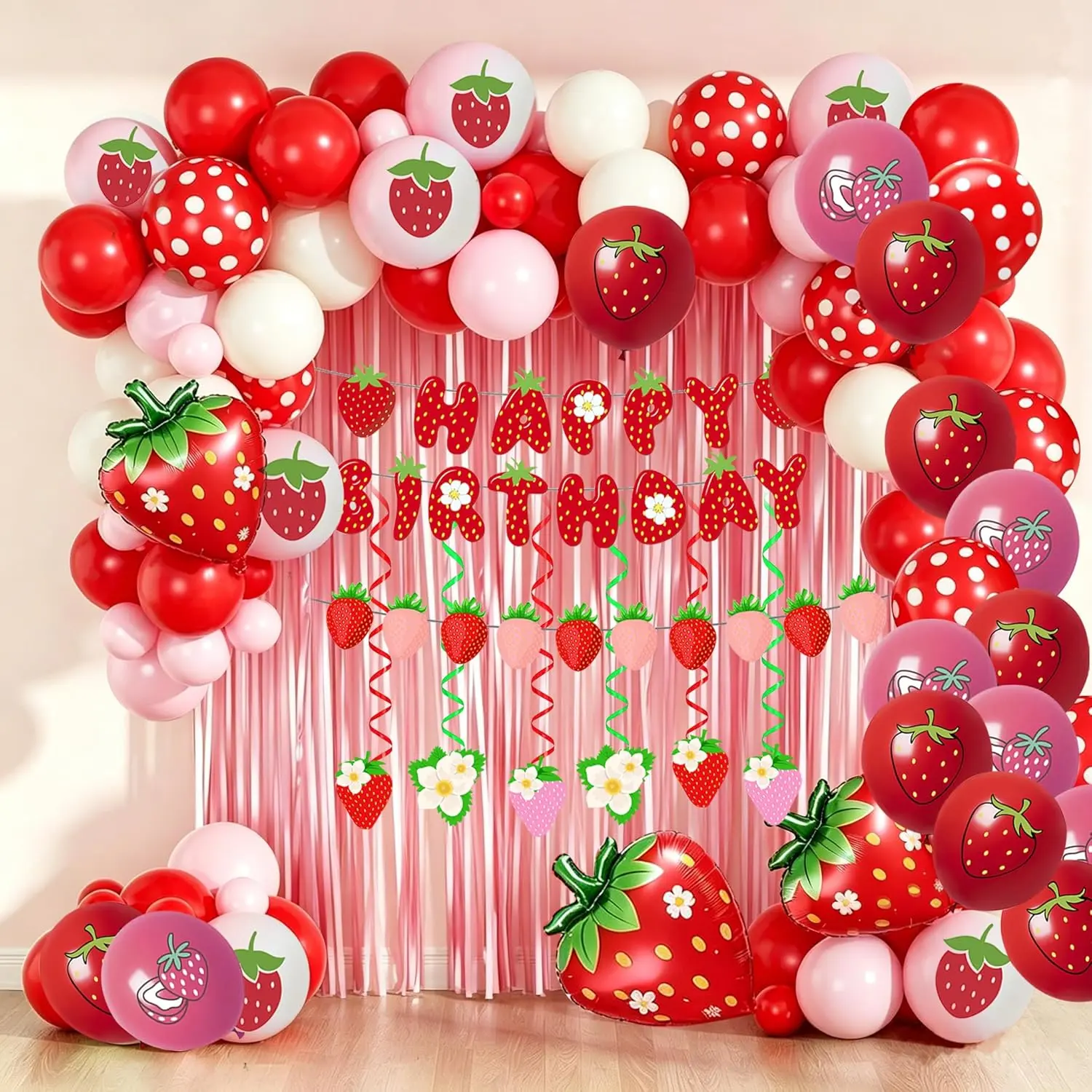 Strawberry Birthday Decorations, Berry Party Decorations Set with Happy Birthday Banner, Latex Balloons, Hanging Swirls, Foii Balloons, Fringe Curtain for Strawberry Themed Party