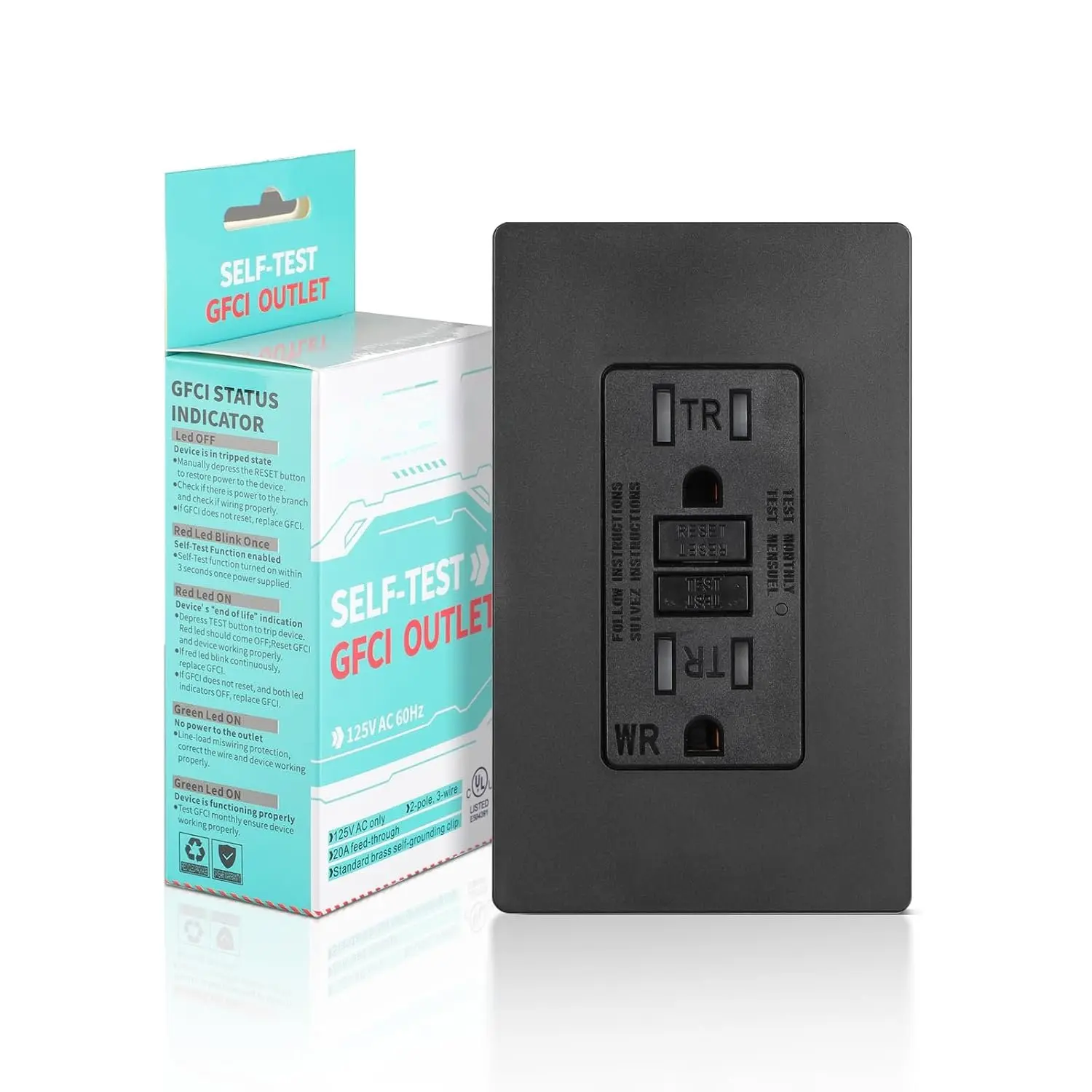 1 Pack GFCI Outlet 15 Amp Self-Test with LED , Tamper Resistant (TR) Weather Resistant (WR) GFI Electrical Receptacle Ground Fault Circuit Interrupters, Wallplate Included, UL Listed,Black
