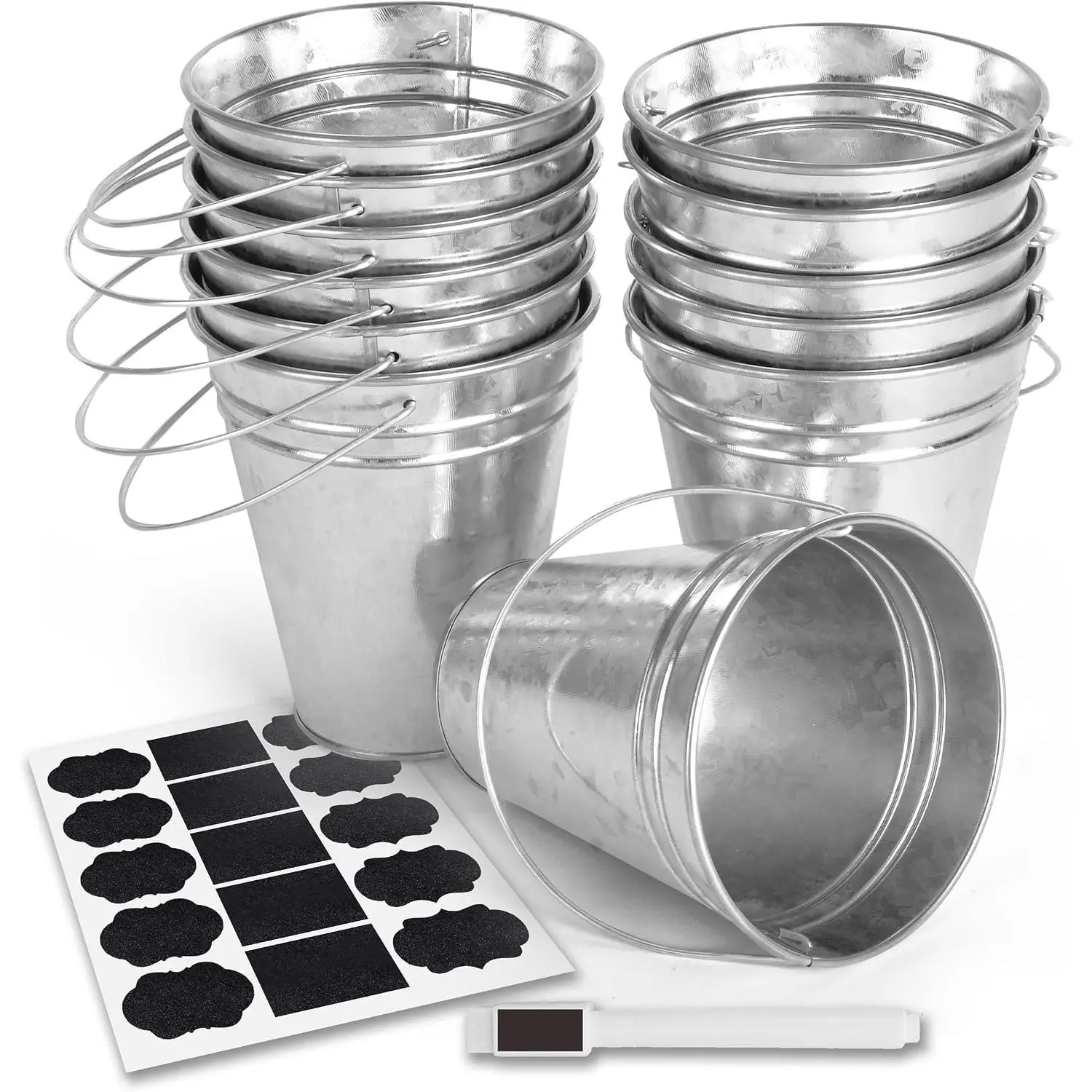 Galvanized Metal Bucket with Handle 12 Pcs- Metal Buckets for Party, Tin Buckets with erasable Stickers and Chalk Marker Silver Bucket 4.7" W x 5" H x 2.7" L