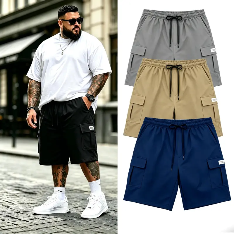 Men's 3-Pack Cargo Shorts - Plus Size Casual Quick-Dry Lightweight Loose-Fitting Athletic Cut, Above the Knee Knee Length, Multi-Pocket, Plain Style, Machine Wash Summer Everyday Wear (2XL)