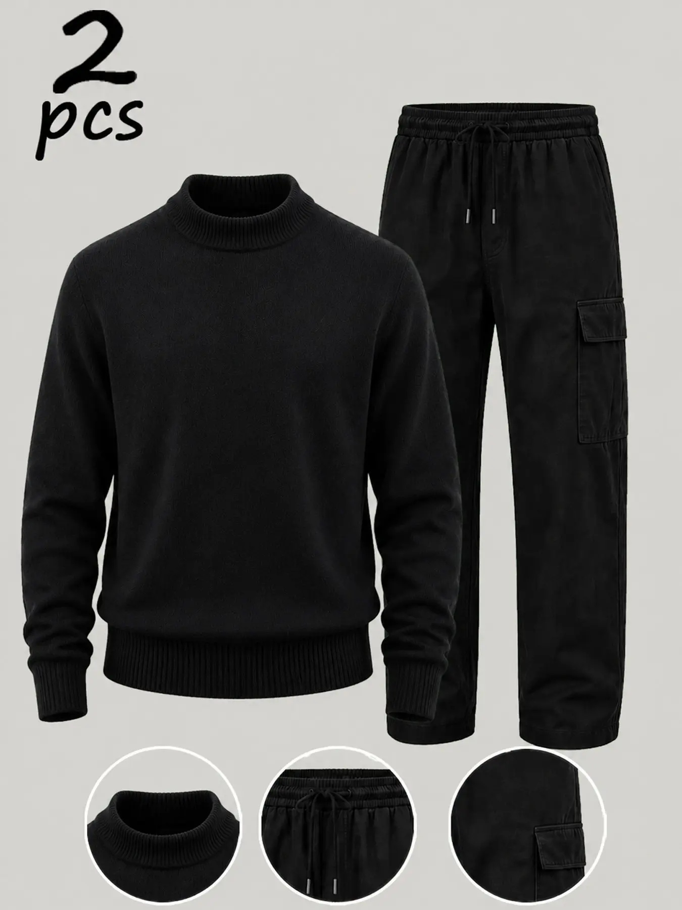 Men 2 Pieces, Half Zip Cable Knit Sweater & Cargo Wide Leg Pants, Long Sleeve Pullover, Elastic Waist Trousers, Casual Fall Winter Tracksuit