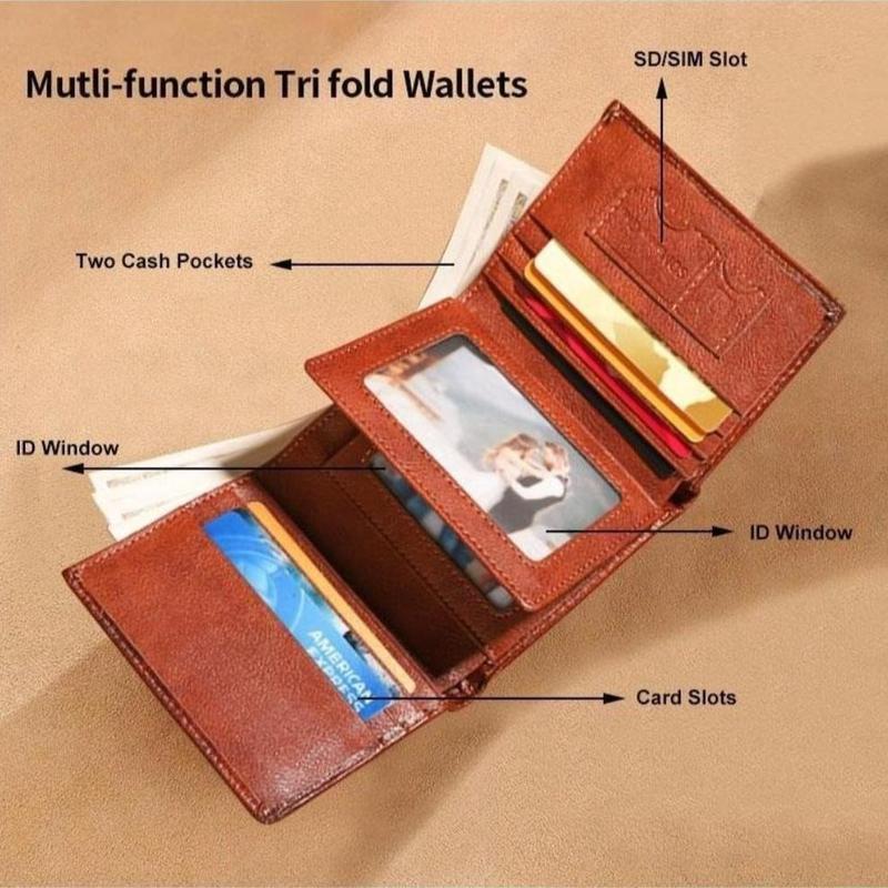 Premium Men’s Trifold Wallet - RFID Blocking Genuine Cowhide Leather Dual ID Windows for Daily & Business Use