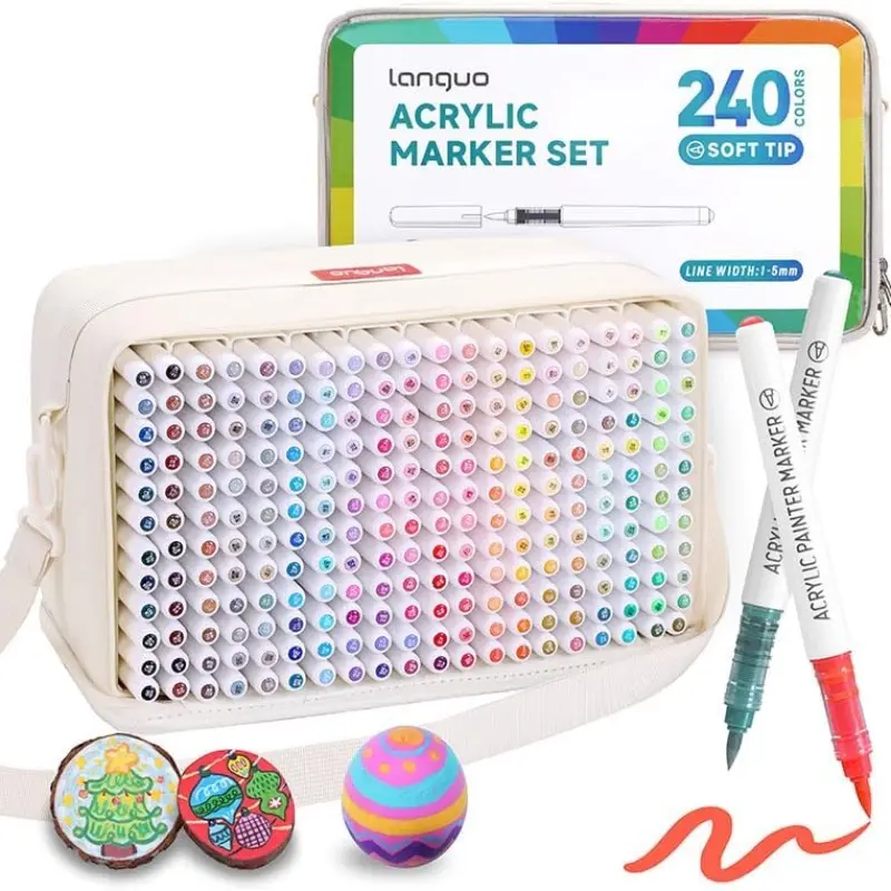 Languo's 240 Color Acrylic Paint Markers, Art Markers Set, Soft Brush Head Paint Pens, Ideal for Stone Wood Glass Rock Painting Canvas Ceramic DIY Crafts