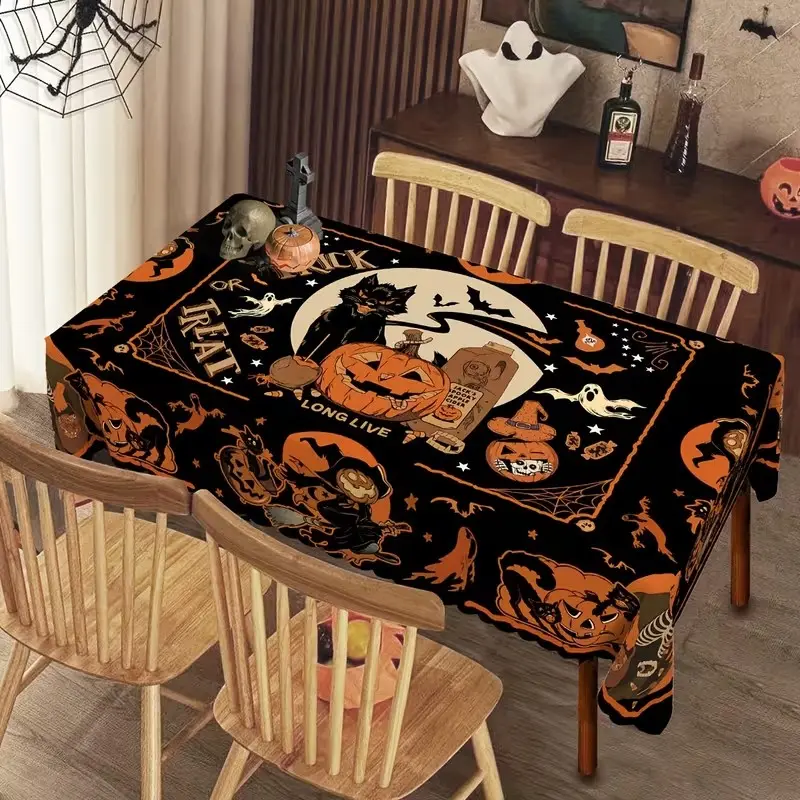 Halloween Tablecloth, Table Covers, Pumpkin Cat Bat Skull Witch Ghost Design, Indoor Outdoor Use, Theme Parties, Holiday Dinners, Home Decor