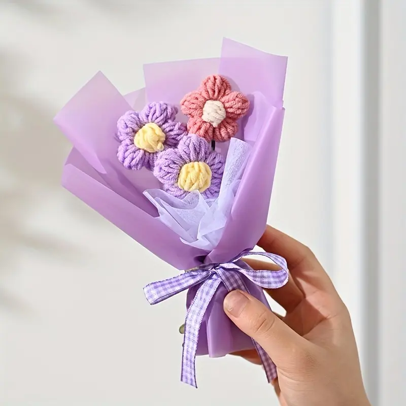 1pc Mini Knitted Puff Artificial Flower Bouquet, Creative Hand-Knitted Simulation Flowers, Home Decor Ornament, Elegant Floral Decoration