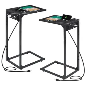 C Shaped Side Table with Charging Station, Sofa Couch Snack End Table with 2 AC Outlets & 3 USB Ports, Industrial Black Metal Frame Slide Under Couch Laptop Table for Living Room Bedroom