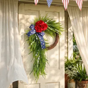 Patriotic Red White Blue Floral Front Door Wreath, Artificial Rose & Greenery Hanging Wreath with USA Star Bow for July 4th Independence Day, Memorial Day Farmhouse Porch Wall Home Outdoor Holiday Decor