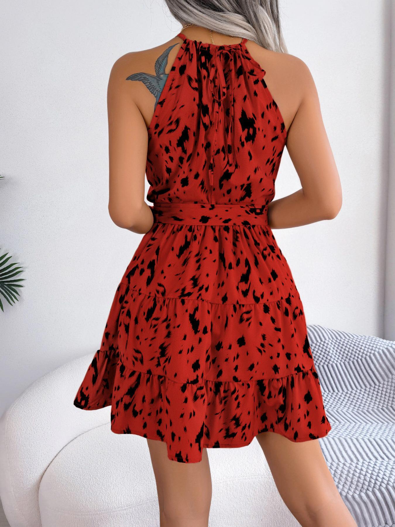 Women's Leopard Print Ruffle Hem Belted Dress, Casual Sleeveless Halter Neck A Line Short Dress, Women's Clothes for Beach Holiday