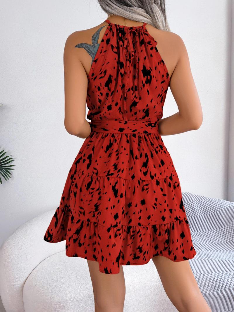 Women's Leopard Print Ruffle Hem Belted Dress, Casual Sleeveless Halter Neck A Line Short Dress, Women's Clothes for Beach Holiday