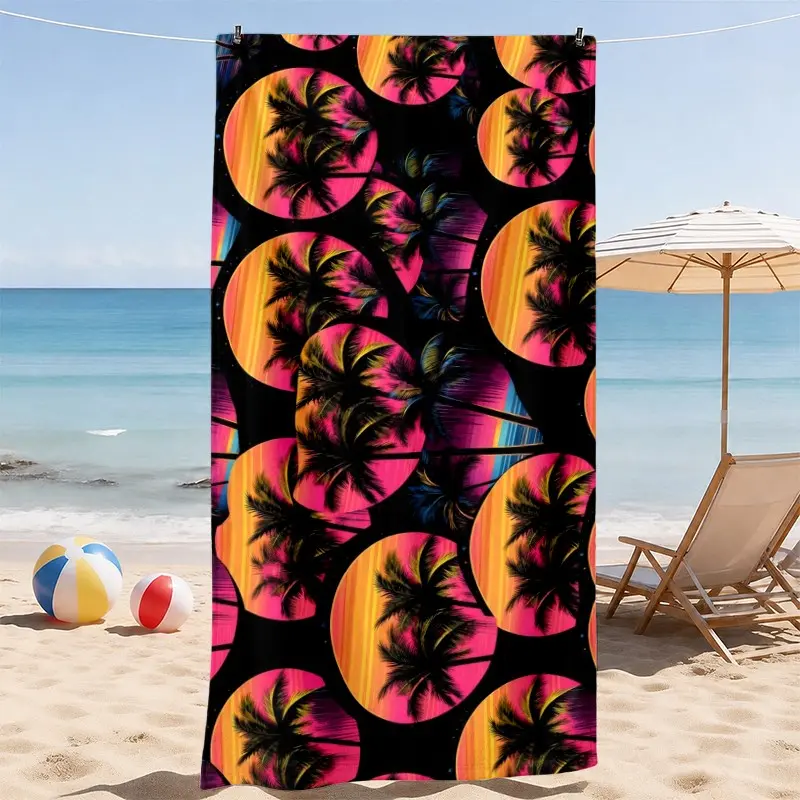 Tropical Palm Sunset Beach Towel, Black Pink Orange Circle Print, Absorbent and Sand Resistant with Soft Lightweight Comfort, Vacation Vibes for Beach, Pool and Summer Vacation, Beach Lover Gift