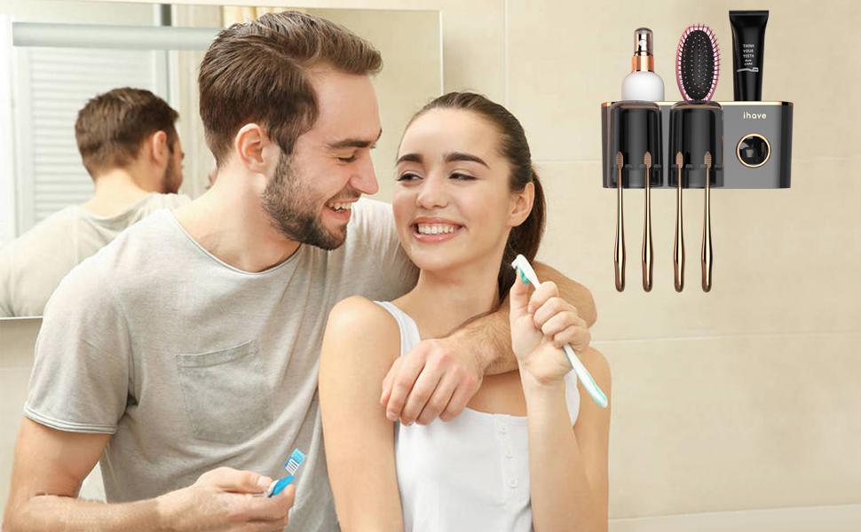 Toothbrush Holders Bathroom Accessories with Toothpaste Dispenser, 2 Cups Toothbrush Holder Wall Mounted Bathroom Decor