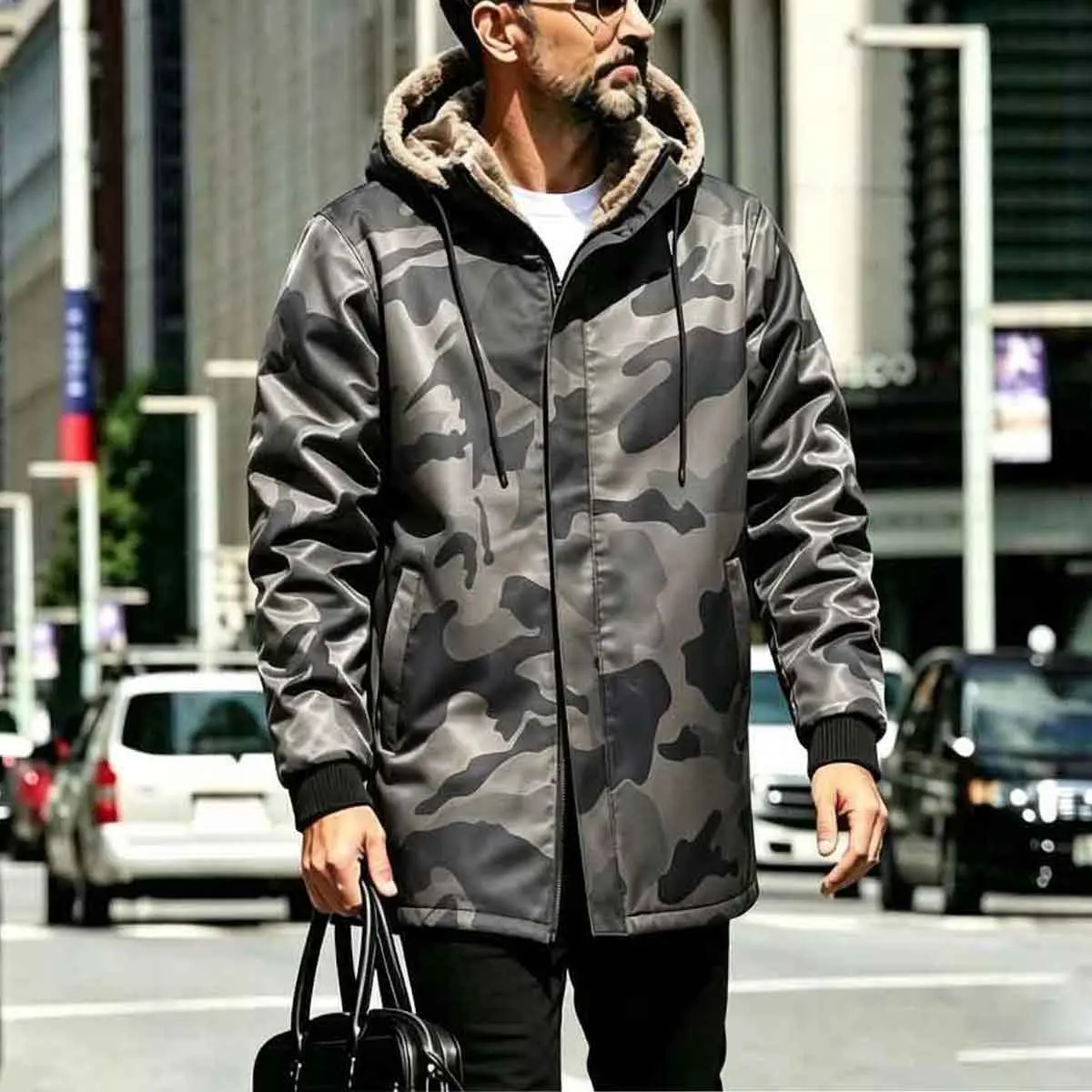 Men's Camouflage Hooded Winter Coat - Plain, Fitted Cut, Polyester, Plush Lined, Warm Zipper, Windproof, Medium-Length, Lace-Up Hood Pocket, Ribbed Cuffs, Machine Washable, for Hiking/Light Outdoor & Cold Weather Commuting