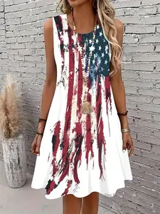 Summer refreshing women's sleeveless dress with trendy American flag pattern, suitable for Independence Day holiday wear