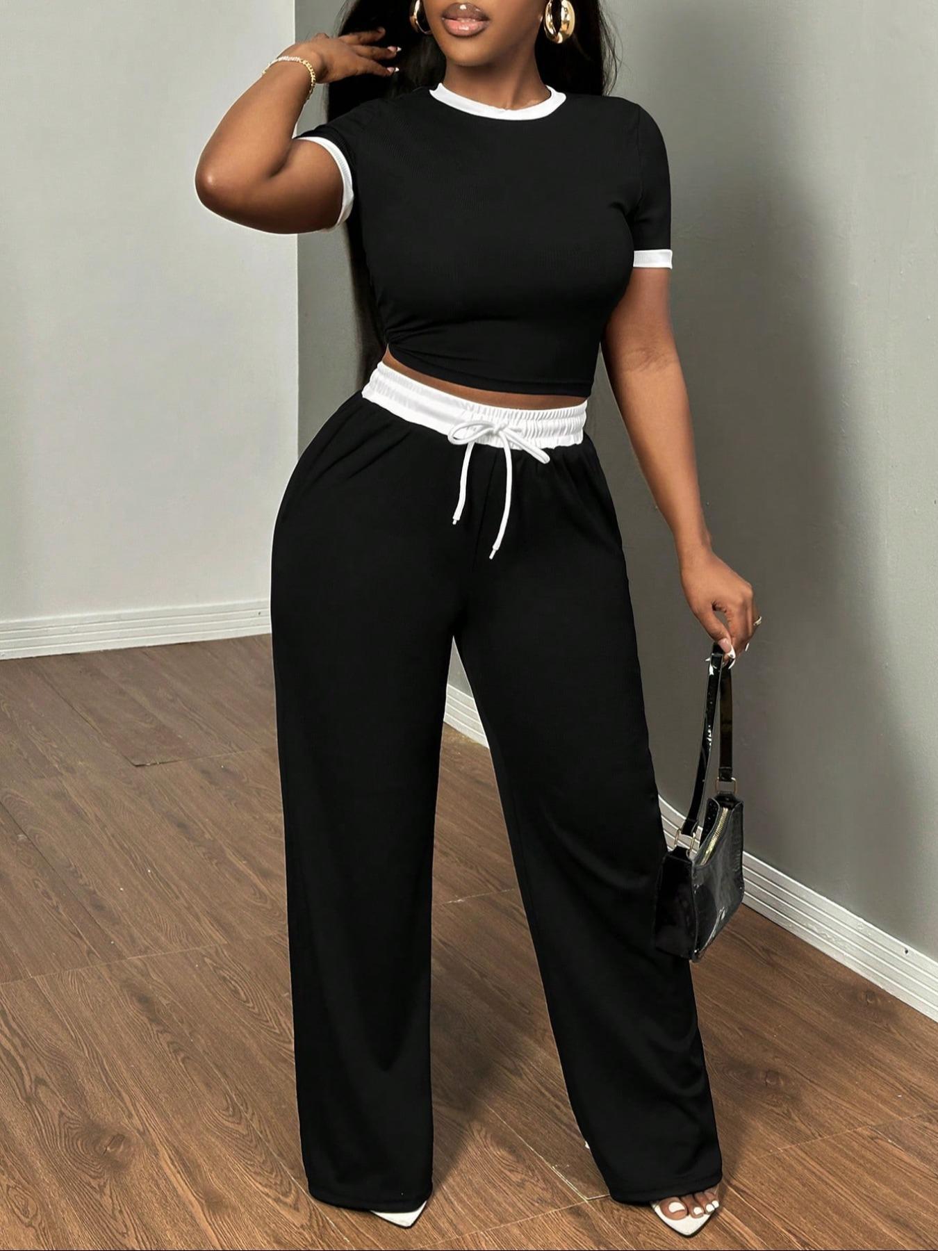 Women's Casual Colorblock Slim Fit Round Neck Short Sleeve Top & Drawstring Waist Side Pocket Pants Two-Piece Set Outfit