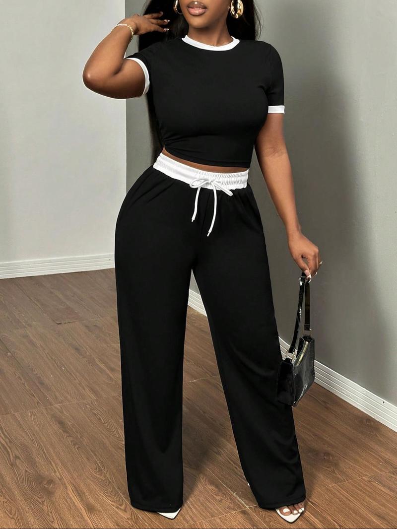 Women's New Casual Colorblock Slim Fit Round Neck Short Sleeve Top, Drawstring Waist Side Pocket Pants Two-Piece Set