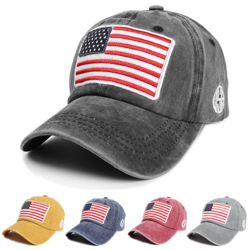 Baseball cap with American flag, pure cotton, letter embroidery, washed and distressed, curved brim, trendy new product