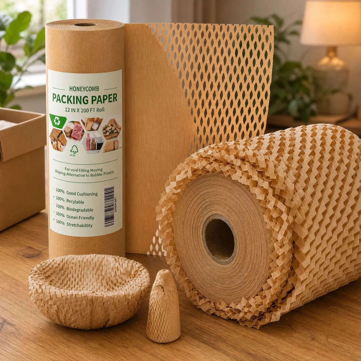 Honeycomb Packing Paper 12 inch x 200 ft Bubble Cushioning Wrap for Moving, Gifts, Shipping - Recyclable Biodegradable Packing Material with 20 Fragile Sticker Labels(Gift)