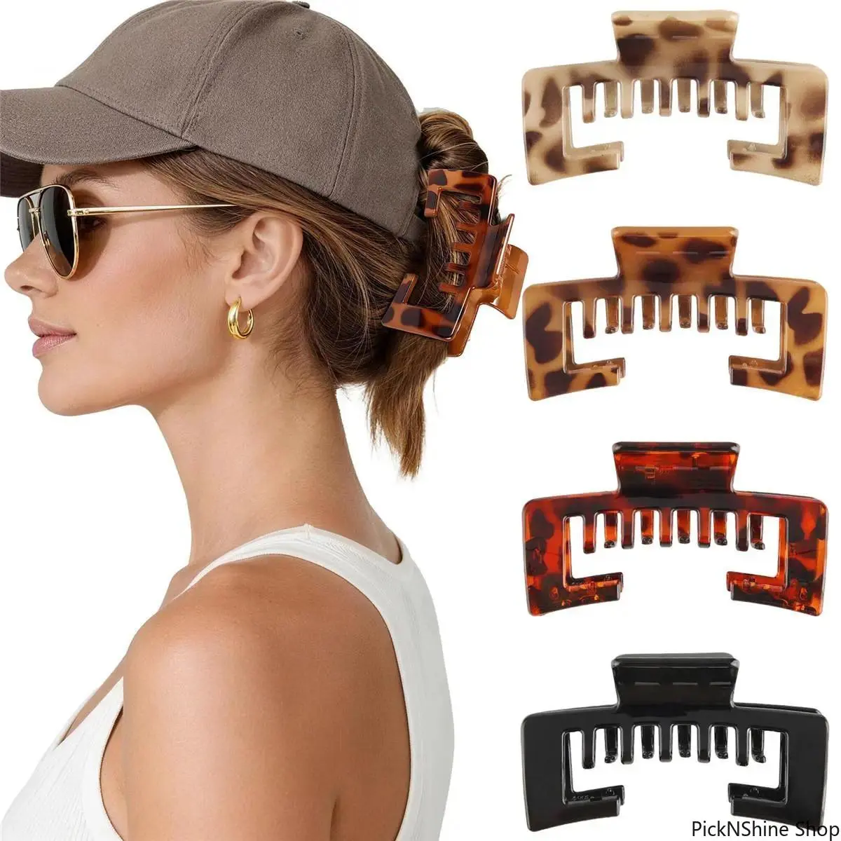 Women's 4-Pack Hat-Friendly Cutout Claw Clips & Ponytail Holders, Large Tortoise Shell Fashion Hair Accessories for Thick Hair, Outdoor Workout Use, Hair Claw Clips