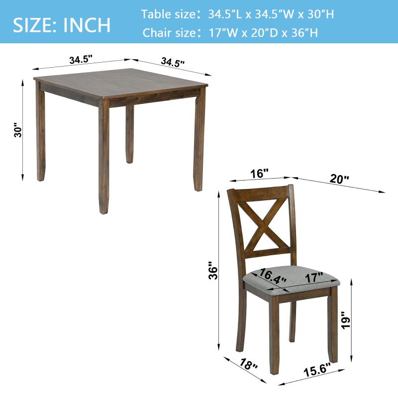5 Piece Modern Dining Set, Square Wooden Dining Table with 4 Upholstered Chairs for Kitchen, Dining Room, Walnut