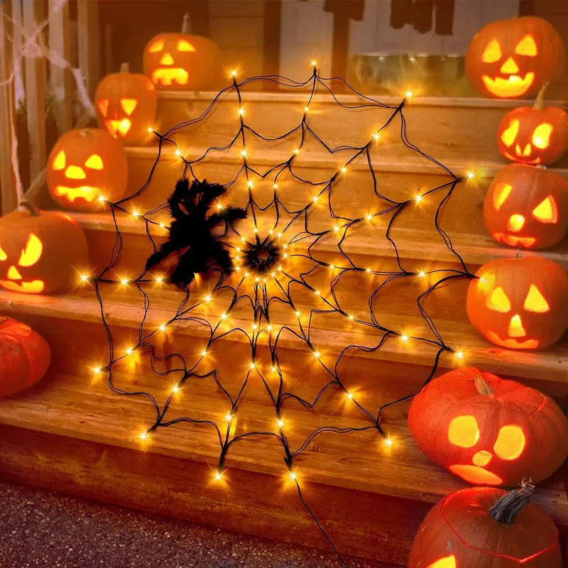 Spooky Halloween Spider Pumpkin Light String - Waterproof 8-Function Battery-Operated Orange Light, Holiday Decoration, Room Decor for Festive Horror Events