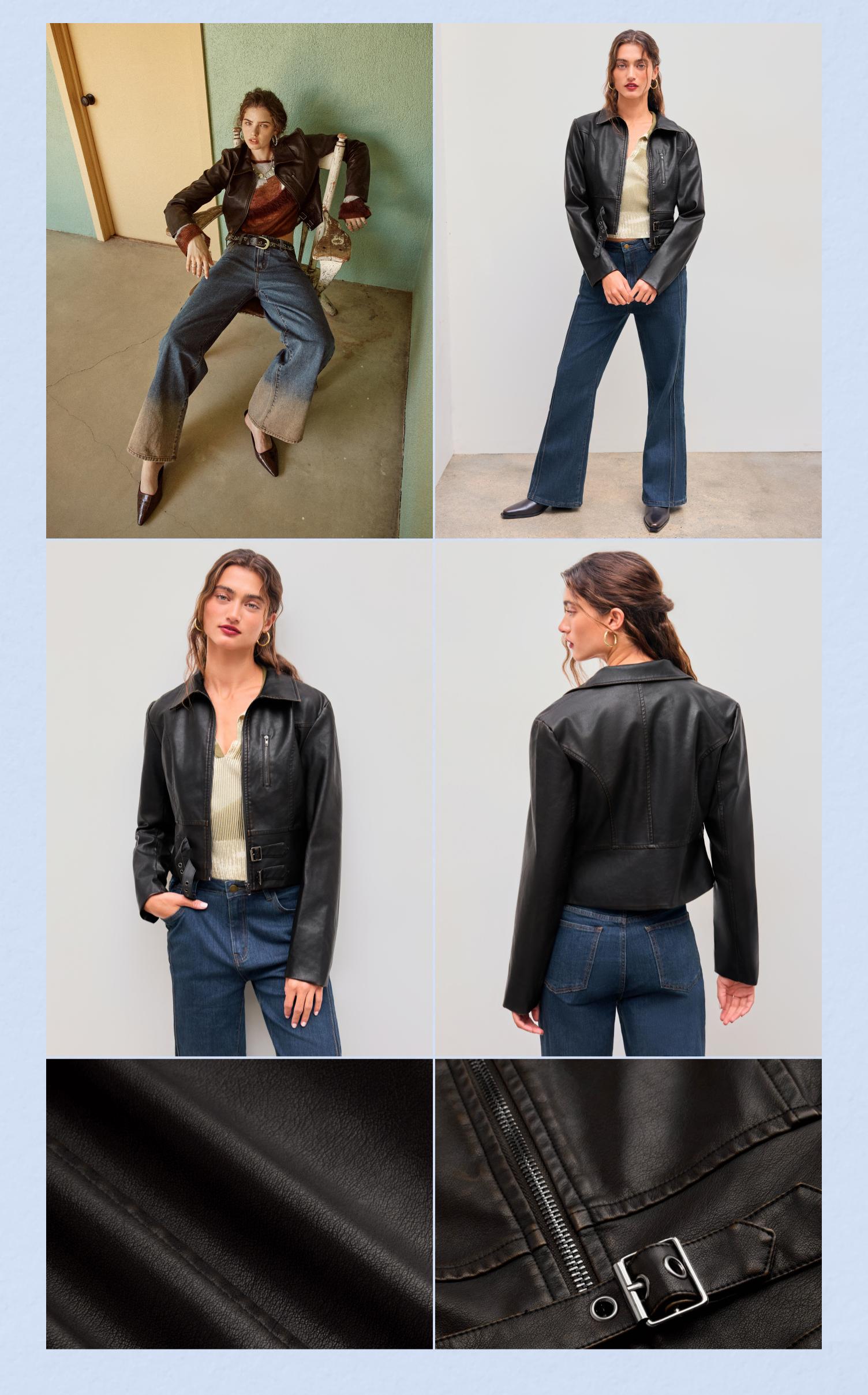 Cider [size 2-10] Faux Leather Collar Solid Pocket Belted Jacket