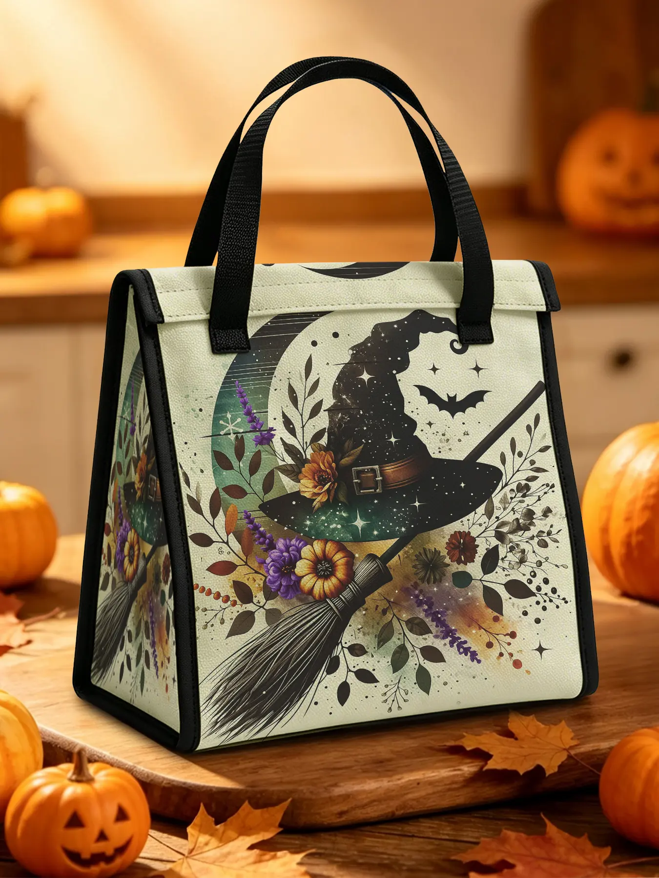 Moonside Witch Hat Broom Lunch Bag Halloween Theme Lunch Bag Waterproof and Oil proof, Zipless, Suitable for Office, School, Camping and Picnicking Use