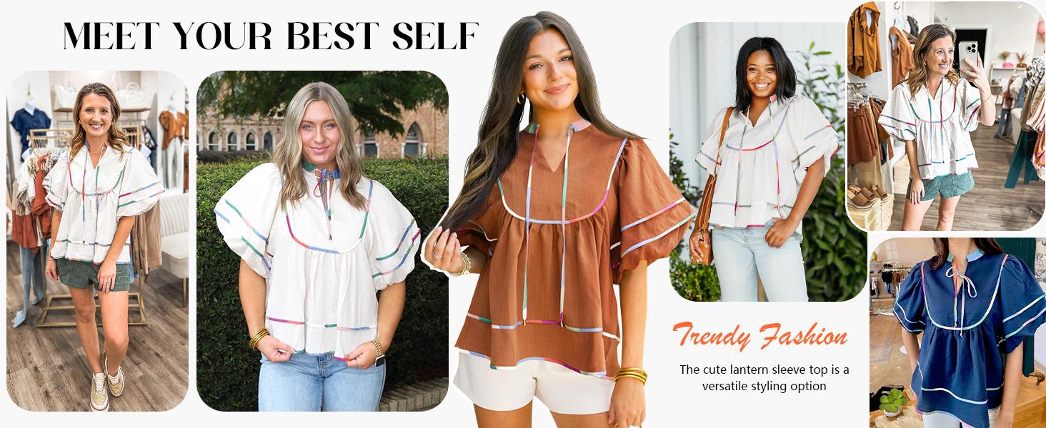 Imily Bela Womens Summer Babydoll Tops V Neck Short Lantern Sleeve Shirts Cute Loose Fit Peplum Flowy Blouses