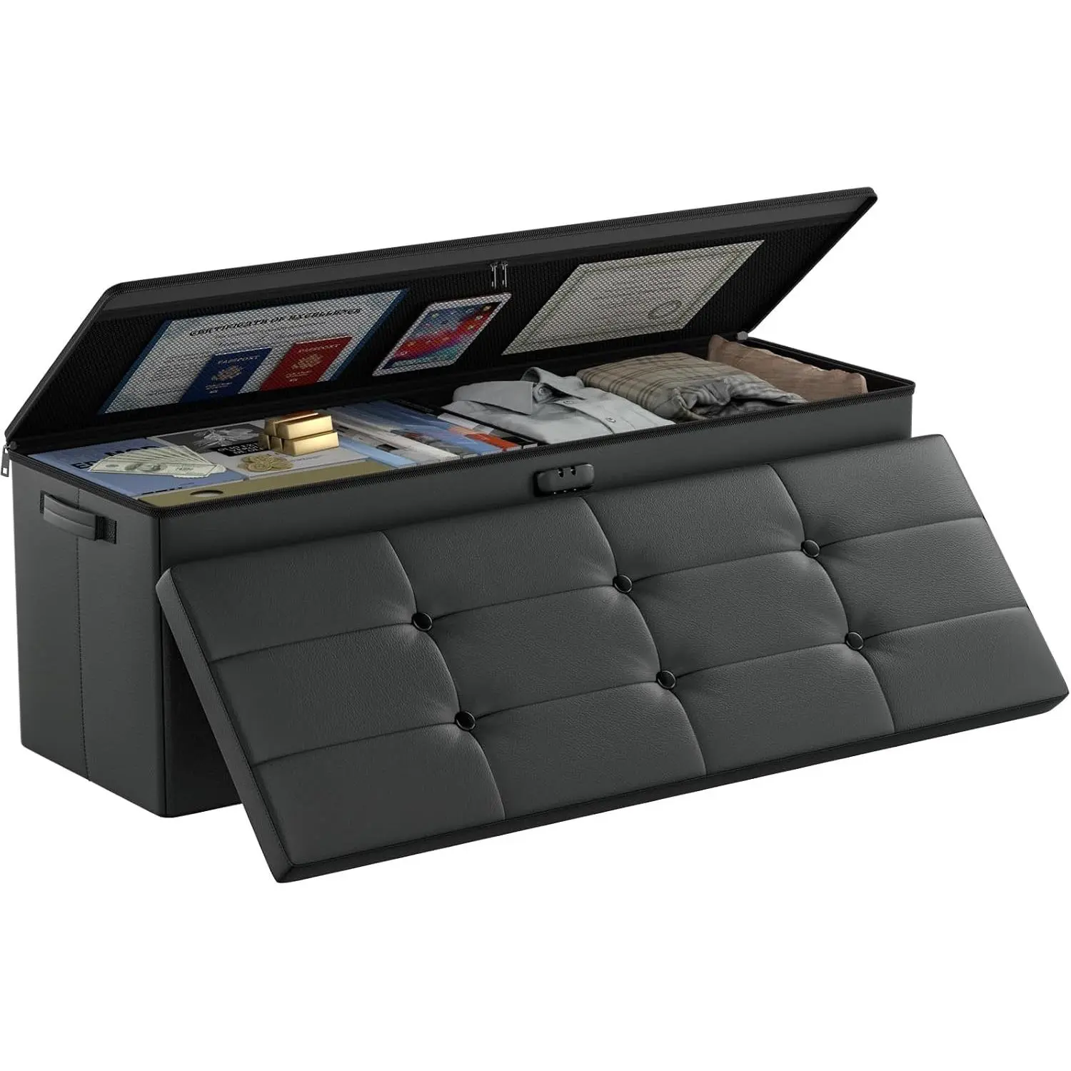 Storage Ottoman Bench,Fireproof＆Waterproof Folding Bench with Lock(15”x 43”x15”),Leather Storage Chest with Handles＆2 Extra Boxes,Ottoman Safe for Bedroom,Living Room,Home Office,Black