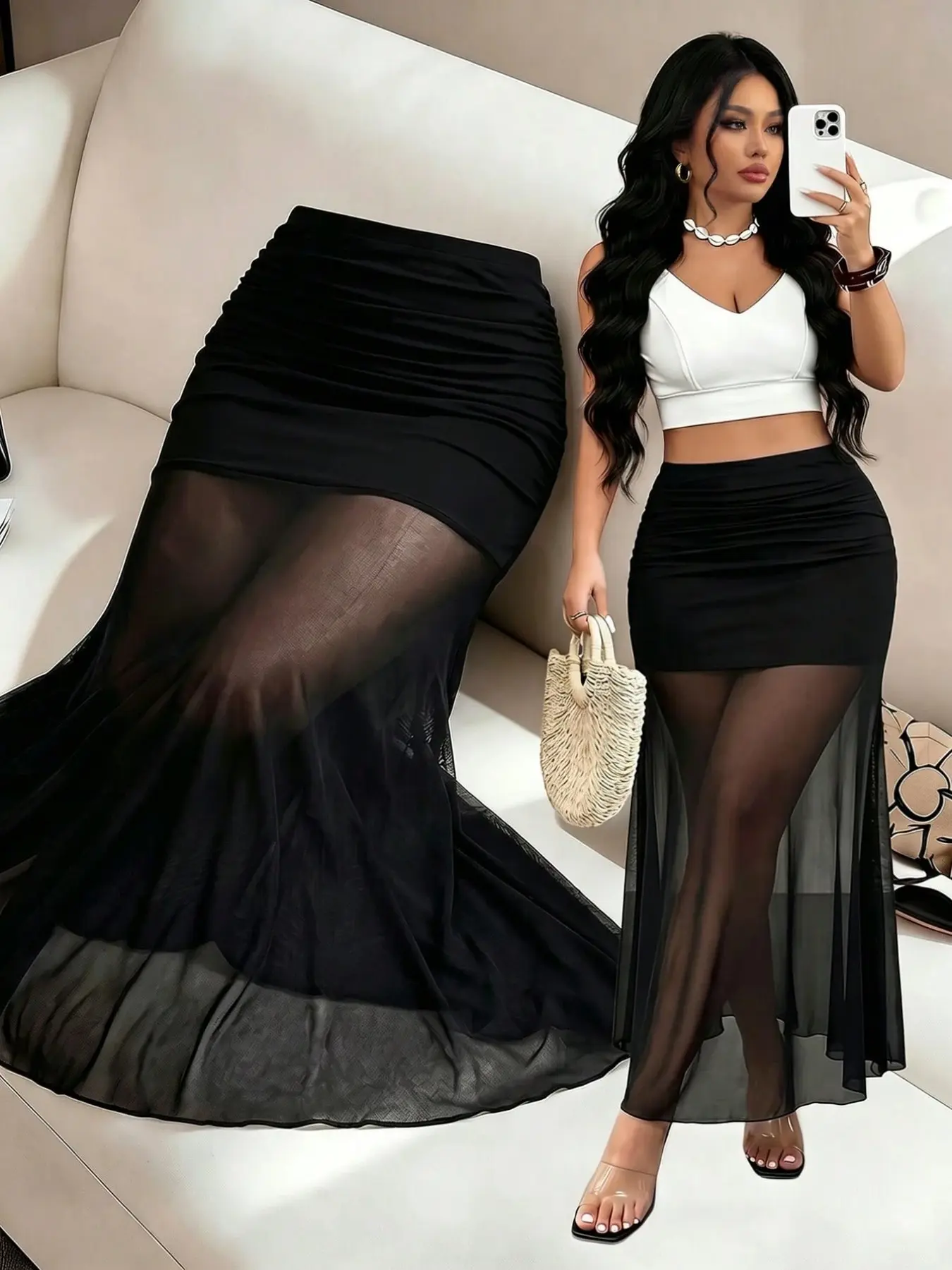 Plus Size High Waist Sheer Mesh Fish Tail Long Skirt, Elegant Sexy Bodycon Pencil Dress, Perfect for Parties, Dates, Nightclubs, Formal Events, Fitted Waist Skirt