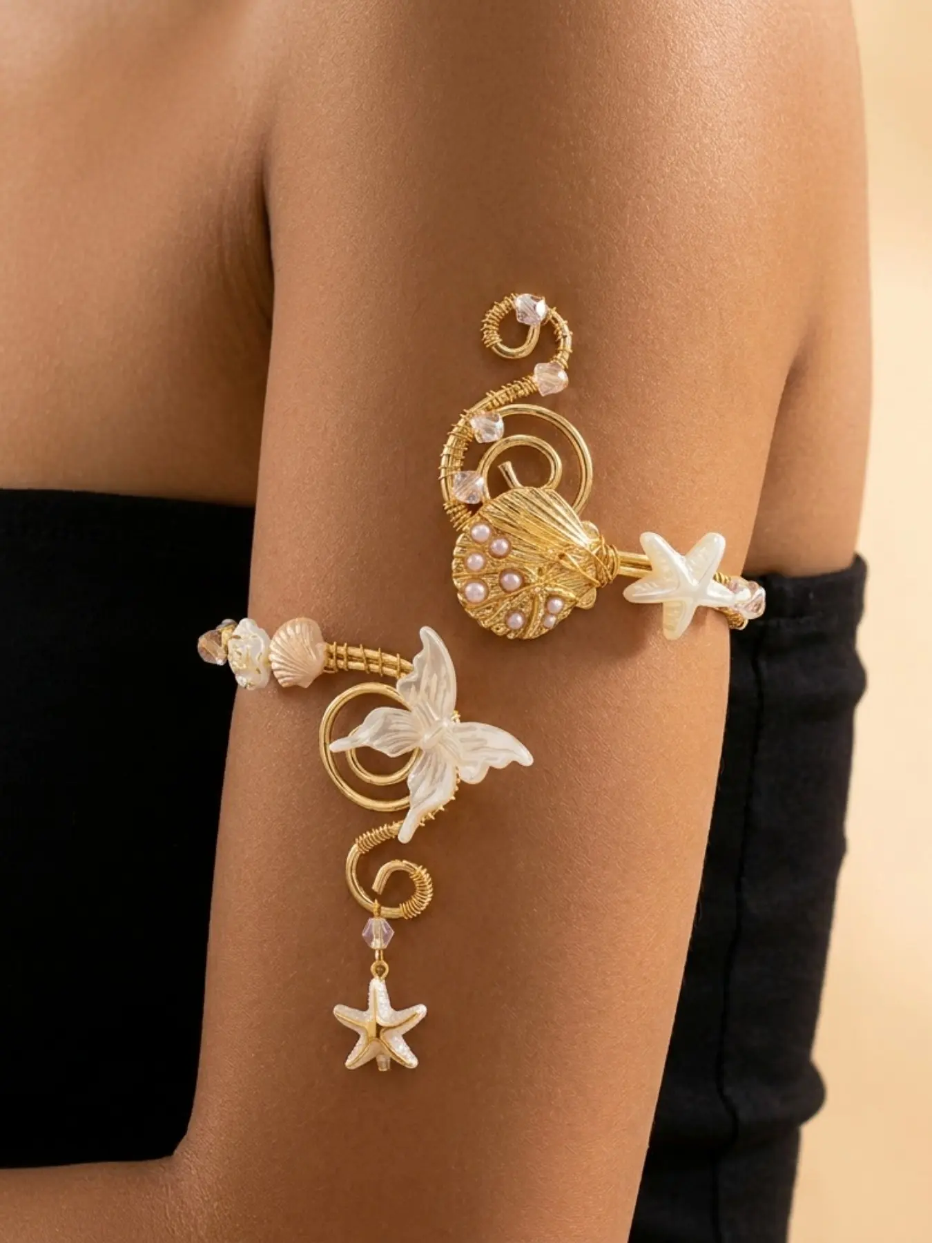 Ocean Butterfly Starfish Seashell Crystal Golden Wire Arm Cuff Spiral Adjustable Upper Arm Bracelet Handmade Beach Floral Armband Boho Fairy Bridal Women Statement Jewelry, Bohemian Bracelet