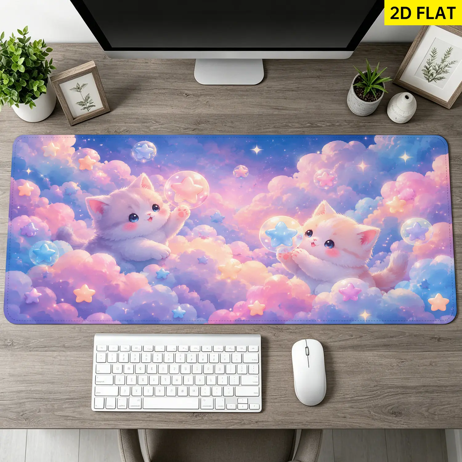 Extra Large cute kittens and stars in the clouds Mouse Pad,Non Slip Rubber Pad,Desktop Decoration Drotection Pad,Washable,Lock Edge Multi Size,Premium Multipurpose Mousepad For Home,Office,Gift for Family and Friends