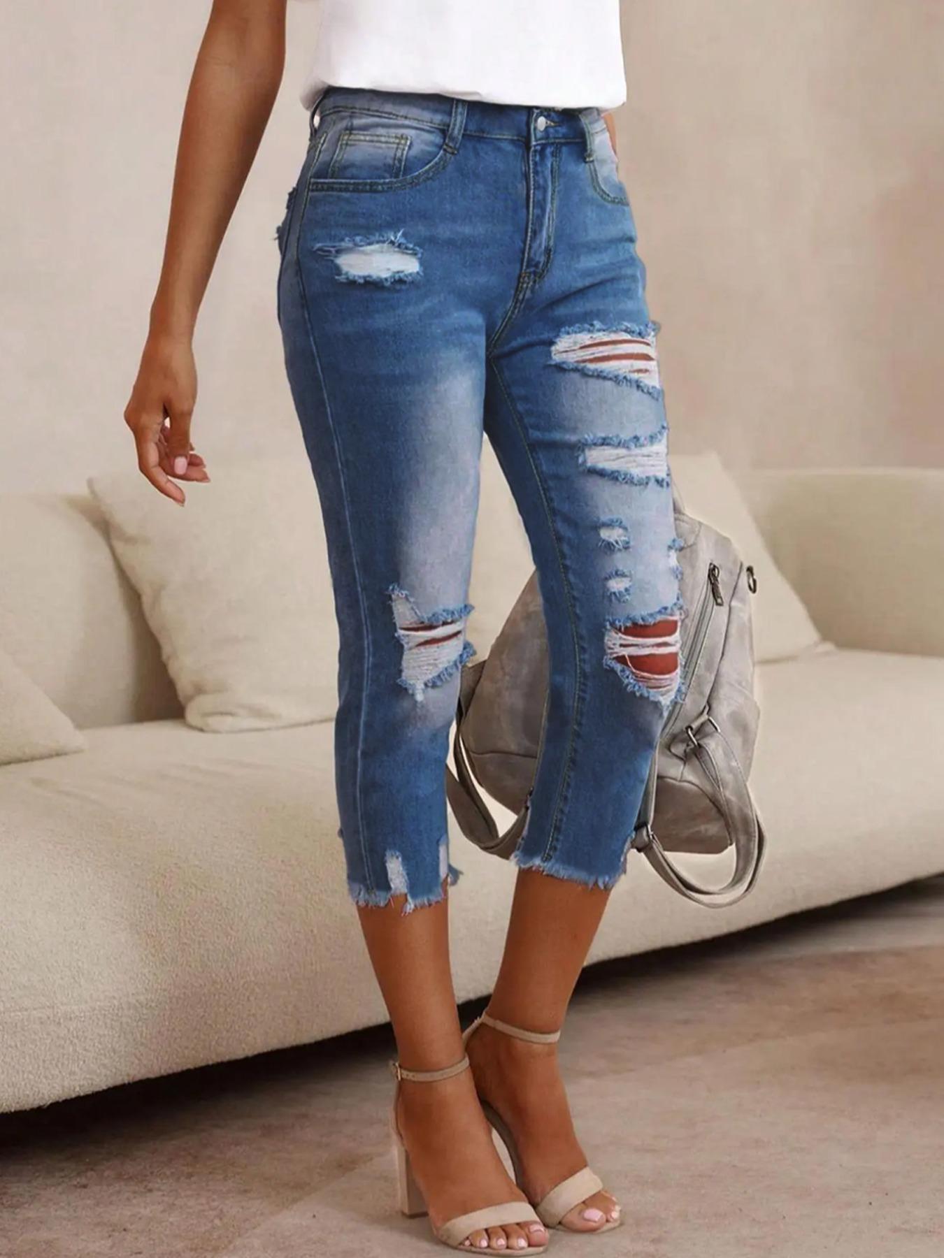 Women's Plain Ripped Raw Hem Skinny Jeans, Casual Pocket Button Cropped Capris Denim Pants for Summer, Capri Pants, Fashion Women's Denim for Daily Wear
