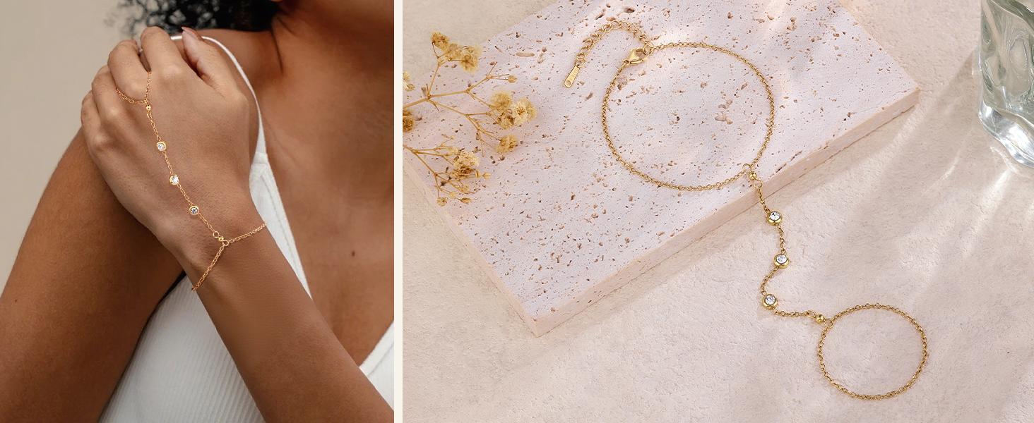 Hand Chain 18K Gold Plated Stainless Steel Non Tarnish Link with Finger Ring Bracelet Stacks Valentines Day Gifts for Her Waterproof Jewelry Gold Handchain Indian Bracelets for Women