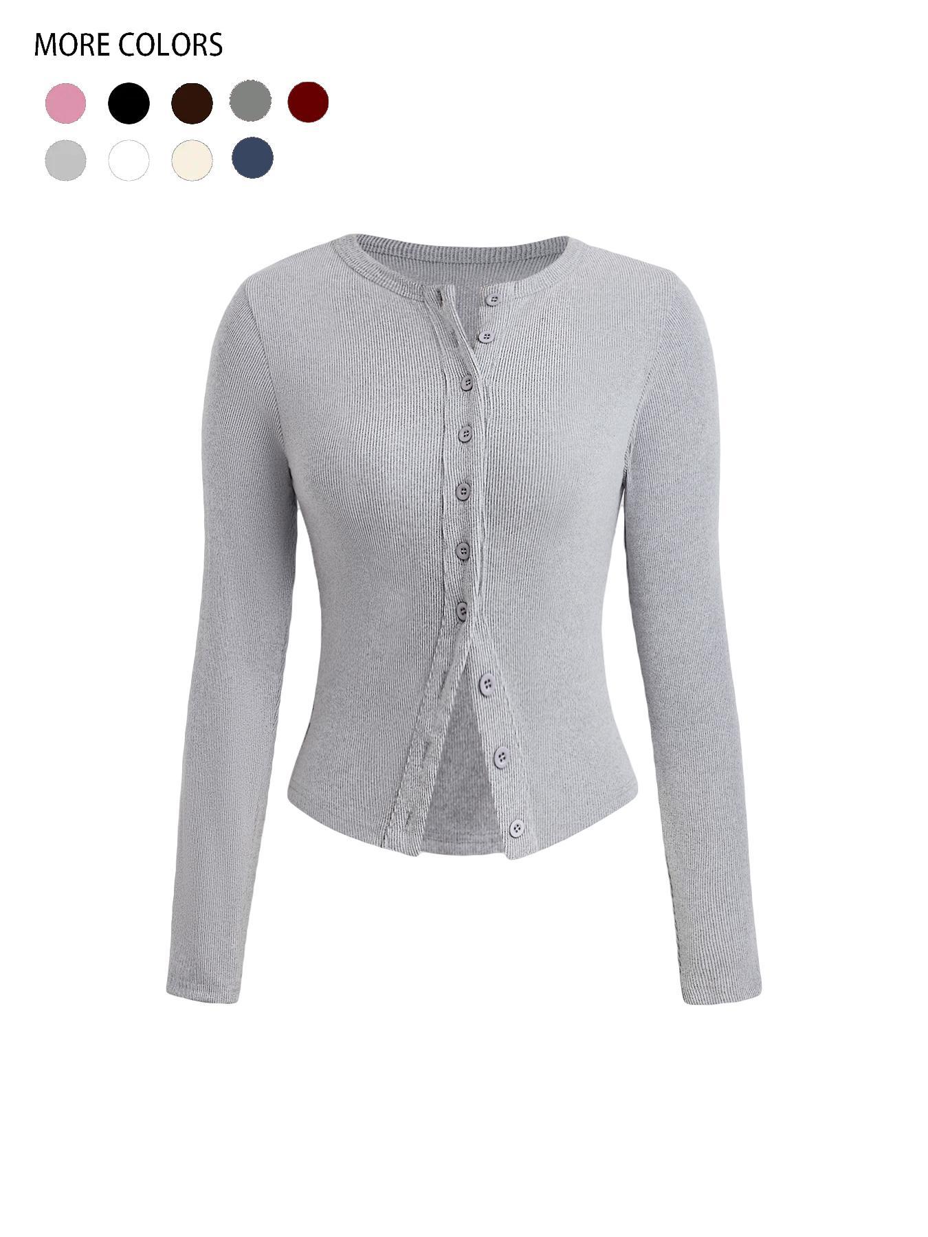 Women's Plain Basic Button Front Ribbed Tee, Casual Long Sleeve Round Neck T-Shirt for Spring & Fall, Women's Top for Daily Wear